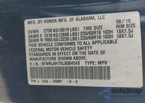 2020 Honda Odyssey Ex-L/Ex-L W/Navi Res z USA, uszkodzony, nr VIN 5FNRL6H7XLB004548